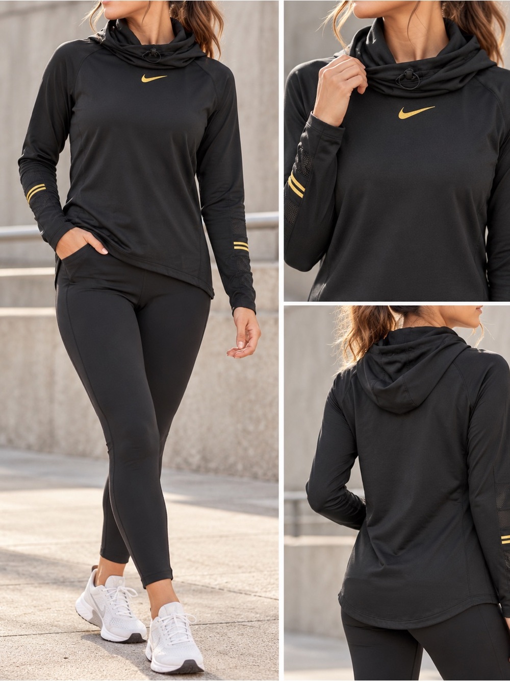 Nike Black Pullover Hoodie with Gold Swoosh & Sleeve Stripes